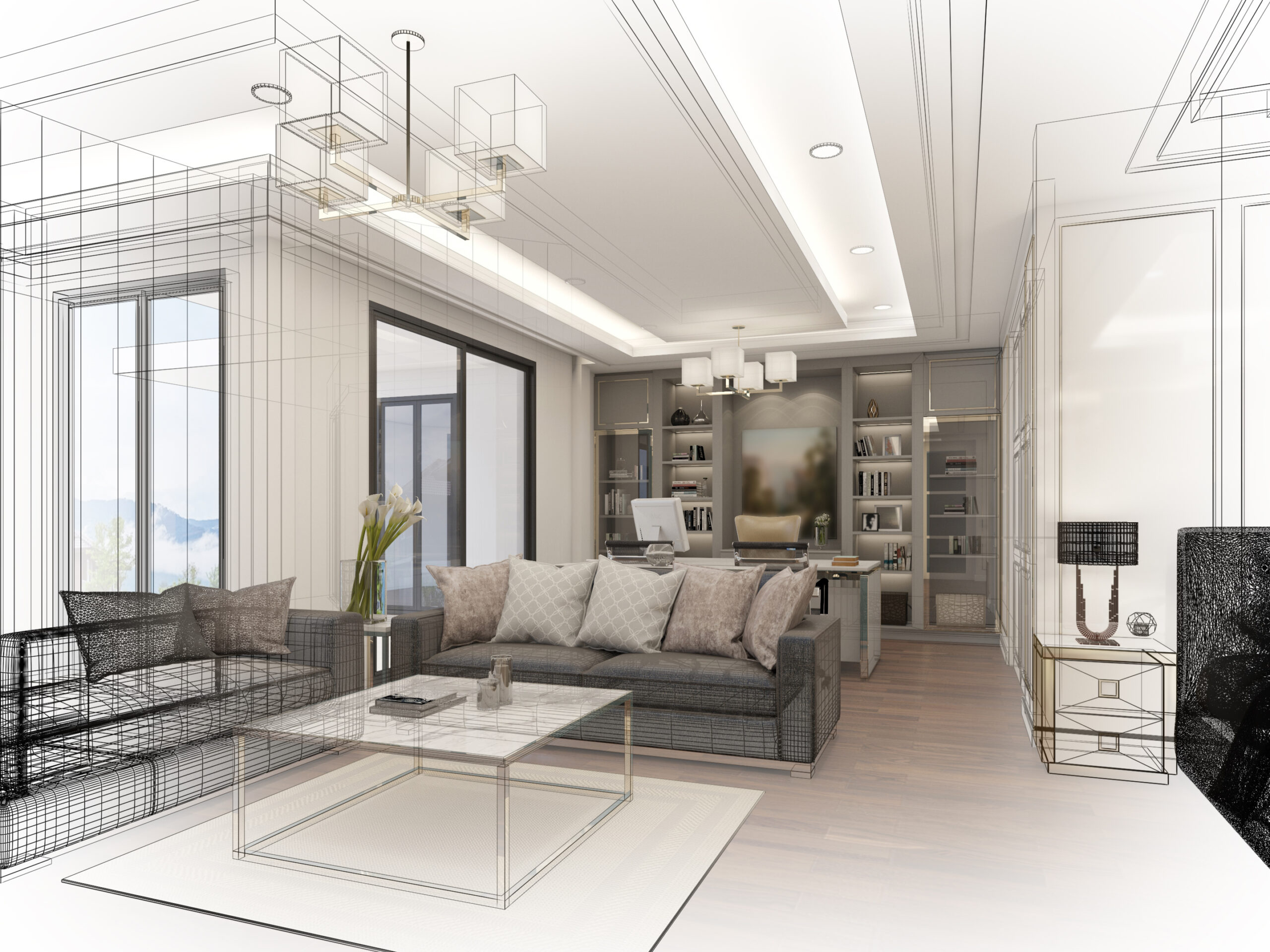 sketch design of interior living, 3d rendering